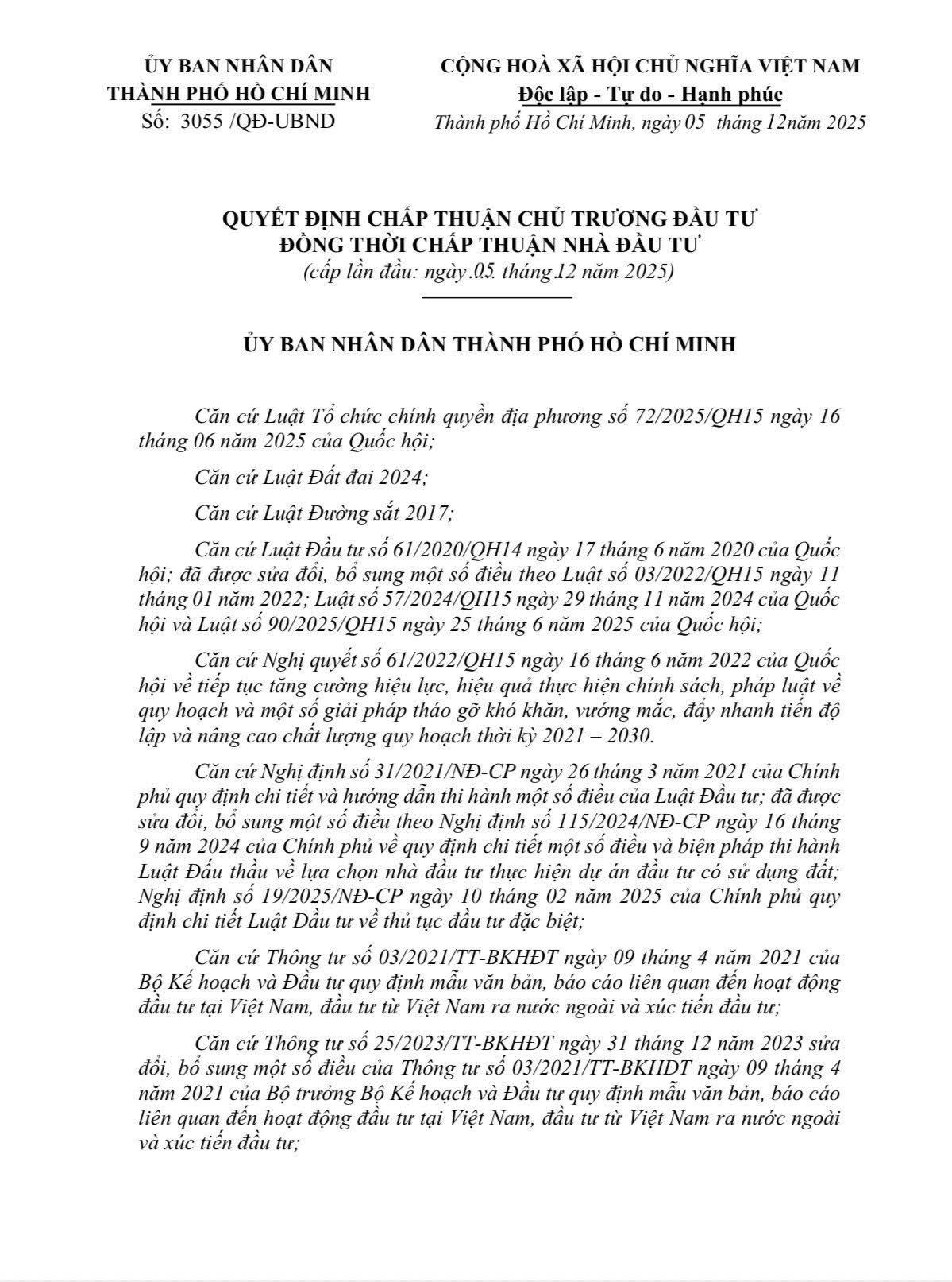 Văn bản 3055/QĐ-UBNĐ QUYẾT ĐỊNH CHẤP THUẬN CHỦ TRƯƠNG ĐẦU TƯ ĐỒNG THỜI CHẤP THUẬN NĐT